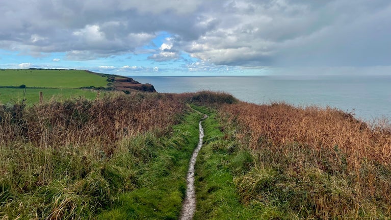 A coastal cliff top path with cloudy skies and views of a calm sea during autumn.